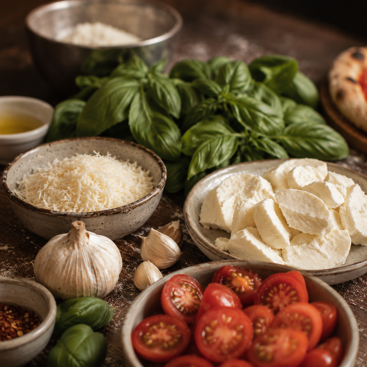 Pizza ingredients and finished food